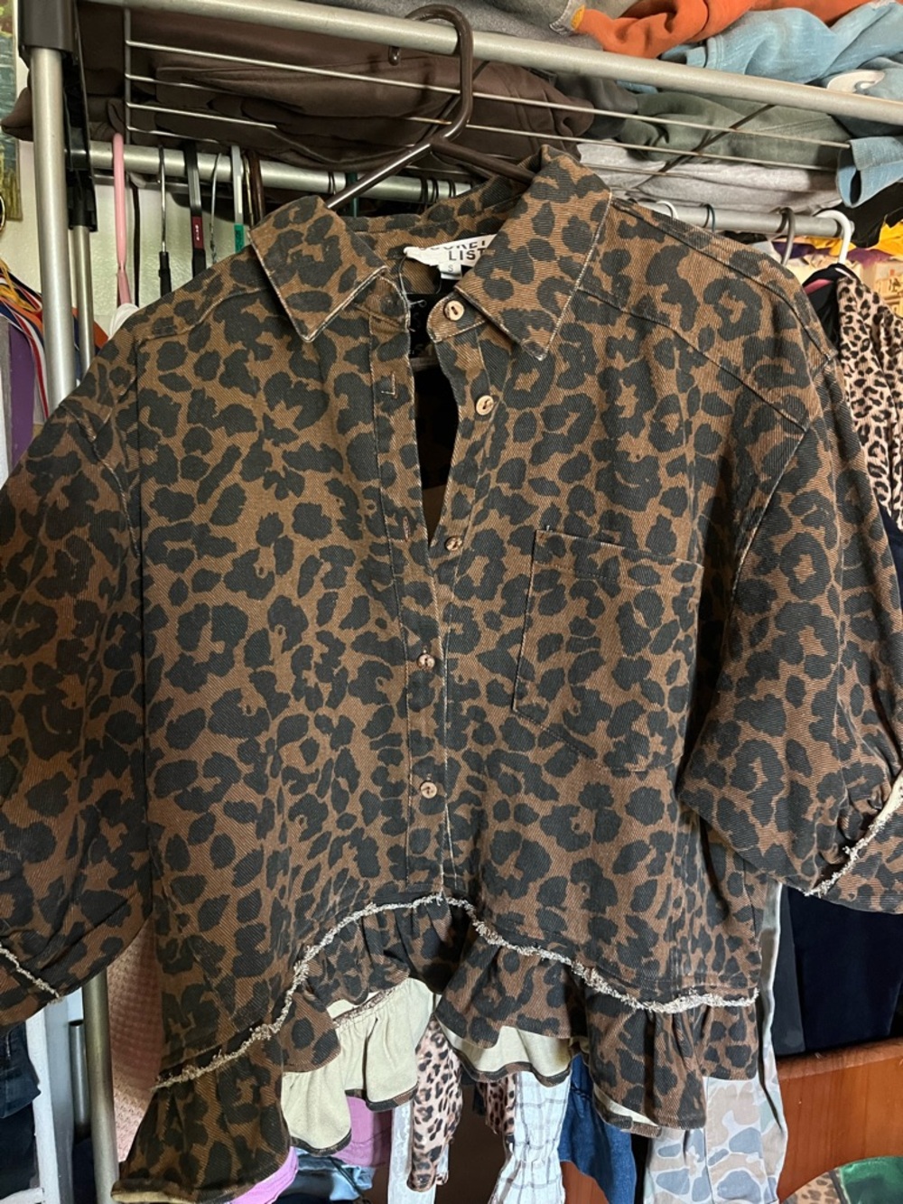 BUCKETLIST Brown & Black Leopard Print Button-Up with Ruffle Hem